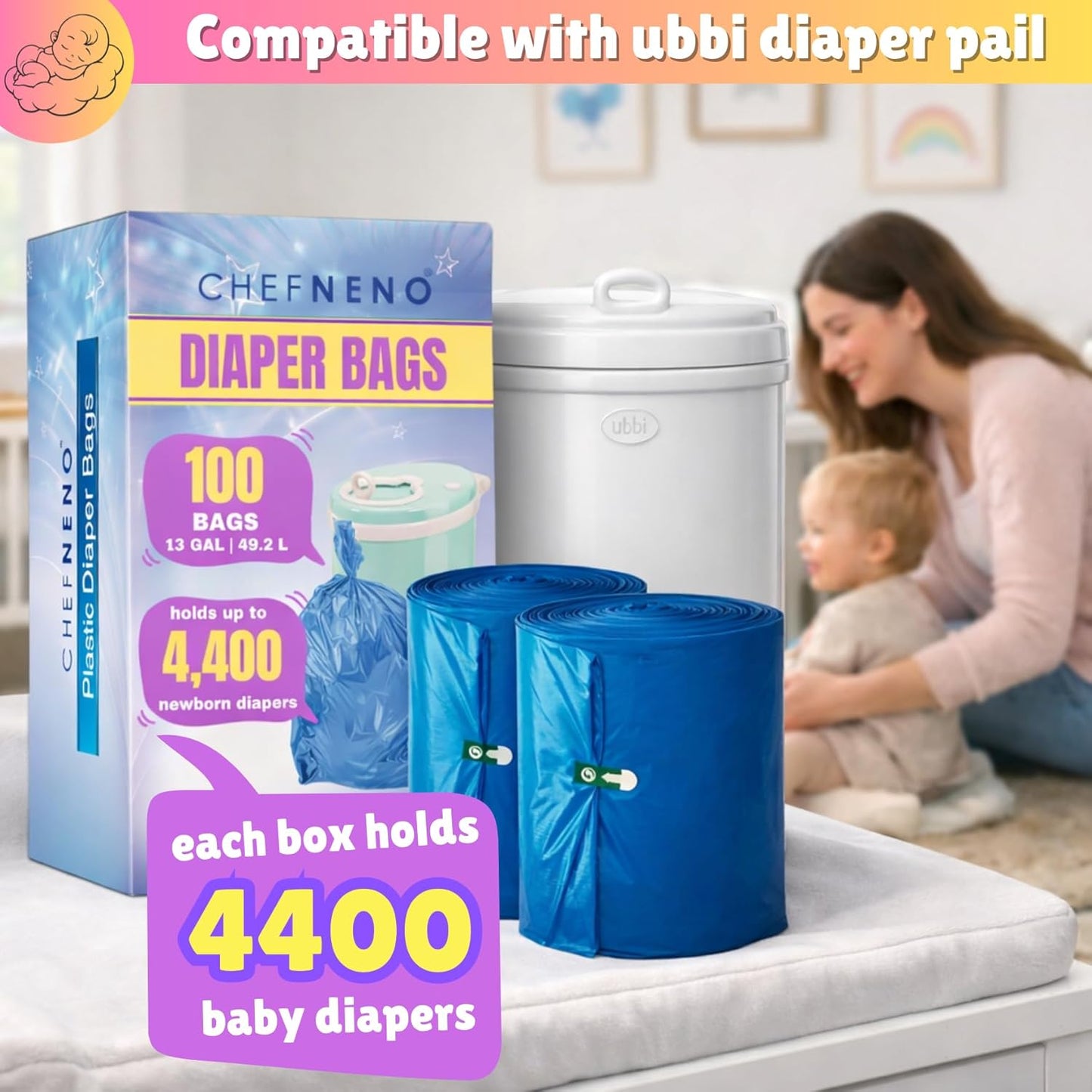 Disposable Diaper Pail Refill Bags (100 Bags) Compatible with Ubbi Diaper Bag Pail 13 Gal Capacity Diaper Pail Bag Medium Kitchen Trash Bag Heavy Duty Recycled Large Garbage Bag (100 ct.)