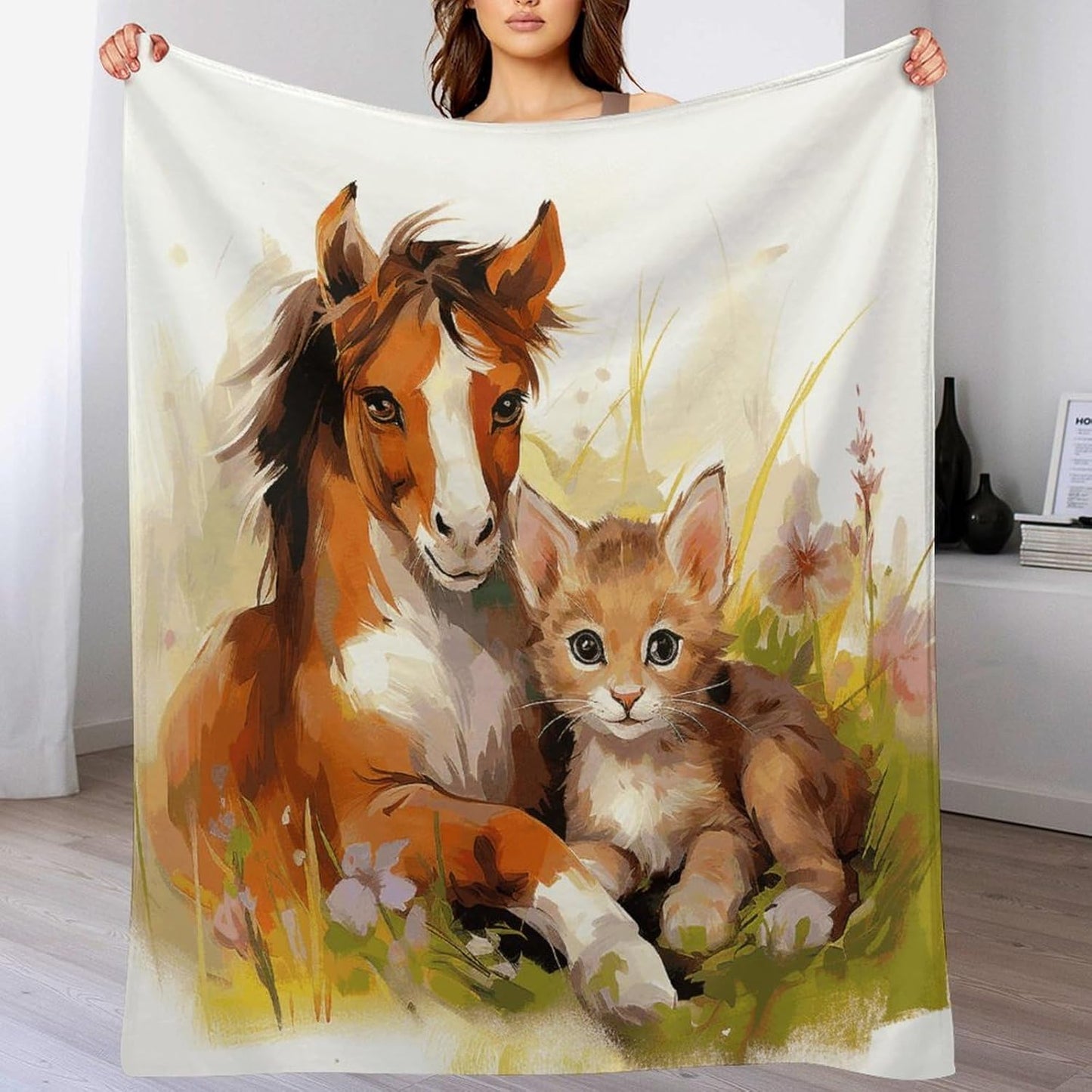 Cute Horse and Cat Throw Blanket for Couch Super Soft Warm Lightweight Throw Blankets Cozy Flannel Bed Blanket Cute Decorative Blankets for All Seasons Home Decor Gift 40"*50" （100 * 130cm）