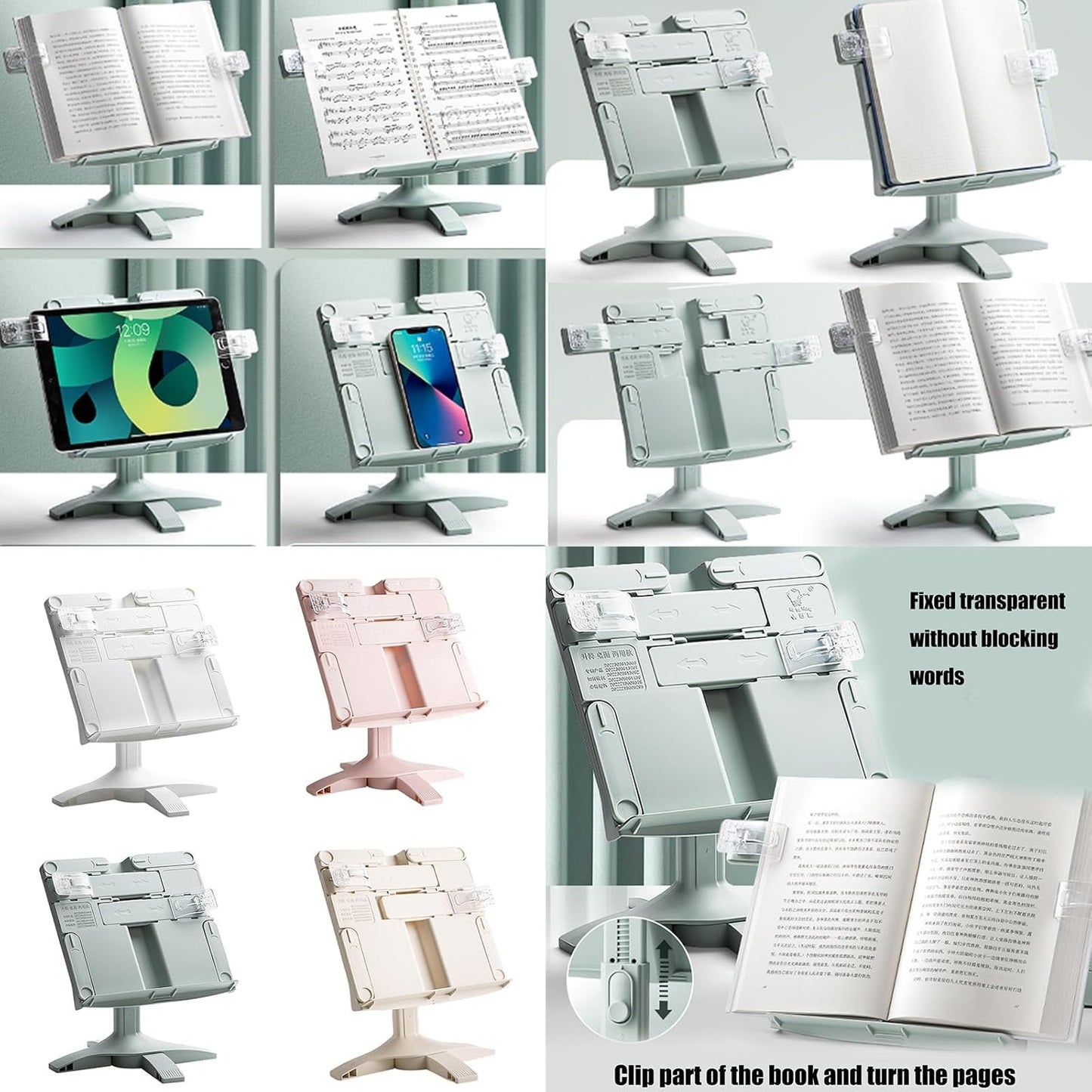 Folding Book Stand for Reading Textbook Book Holder with Page Clip for Textbooks Music Scores Angles Height Adjustable