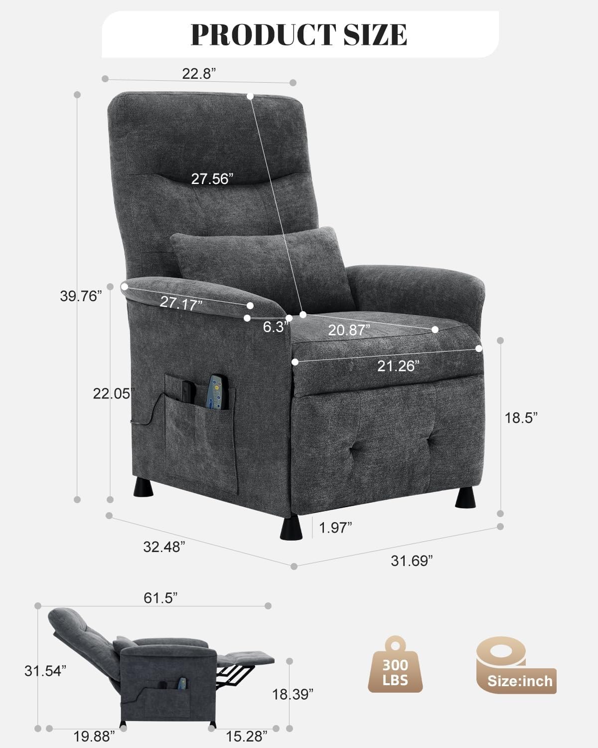 Power Recliner Chair with Heat Vibration Massage Electric Reclining Sofa with Lumbar Support Adjustable Soft Fabric Recliners for Adults Living Room Bedroom