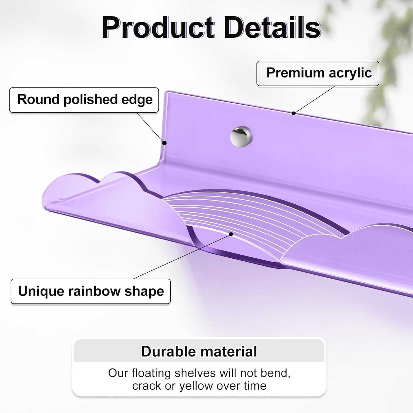 Rainbow Acrylic Floating Shelves, 15in Kids Wall Mounted Nursery Bookshelves, Display Ledge for Books Toys Cosmetic Storage, Bathroom Bedroom Living Room Wall Organizer, 4 Pack, Purple