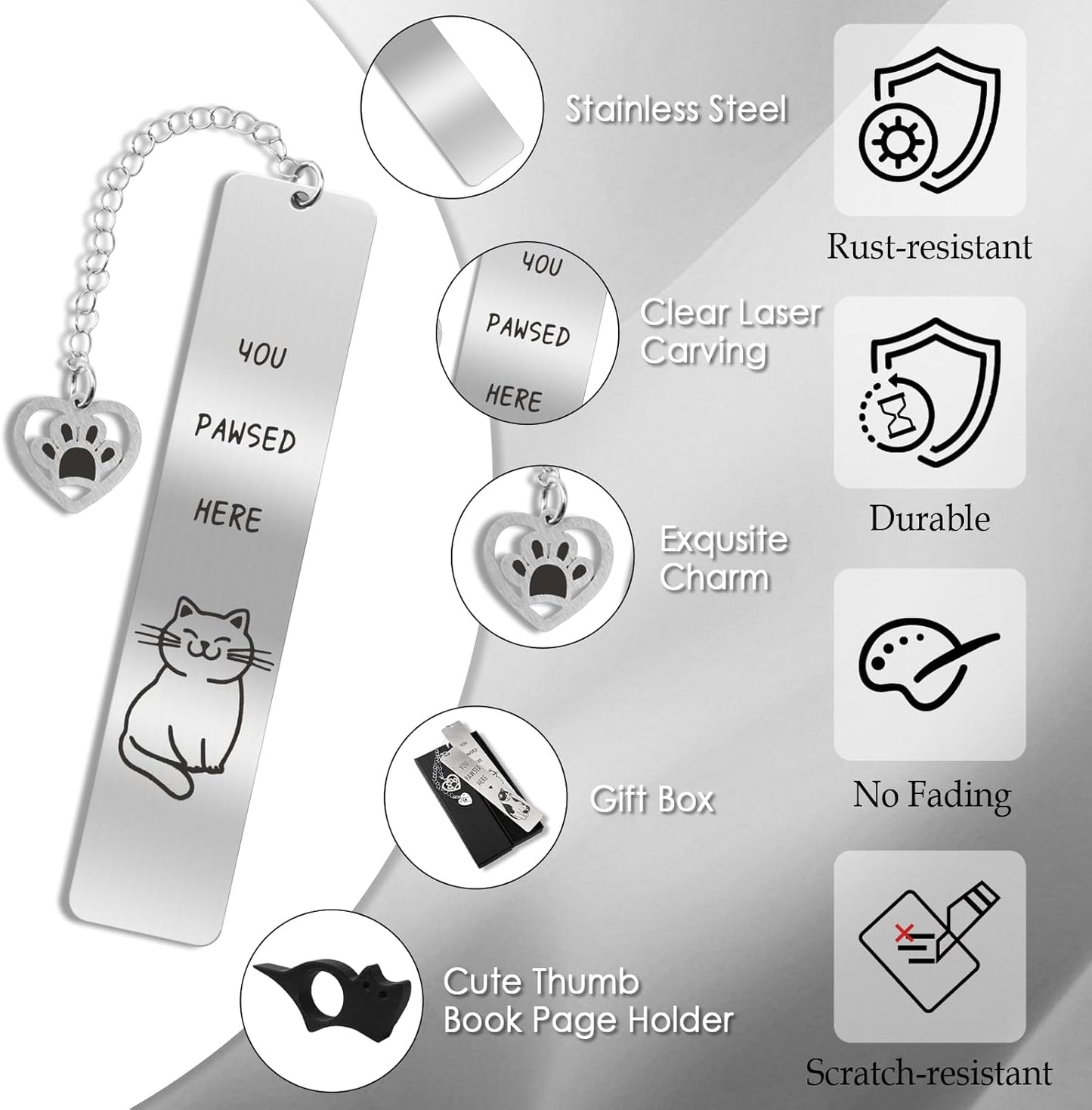 2 Pcs Cute Cat Pendant Bookmarks with Thumb Book Page Holder, Cat Lover Gifts for Women Men Reader, Ideal Book Reader Gifts & Reading Accessories(Cat A)