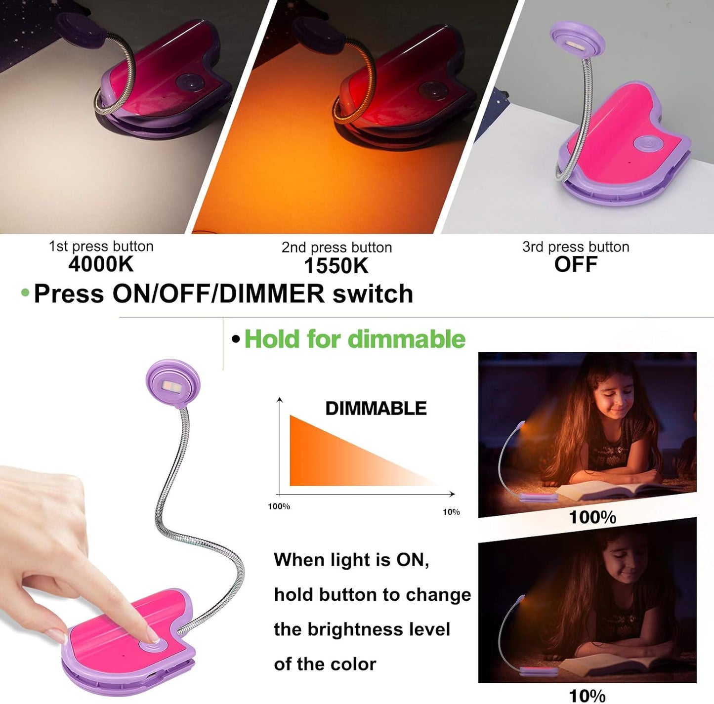 Amber Reading Light Rechargeable, Book Light Kids for Reading in Bed, Clip On Reading Book Light, 2 Lighting Modes, Blue Light Blocking for Eye-Care, Small Bookmark Light for Bookworm-Violet