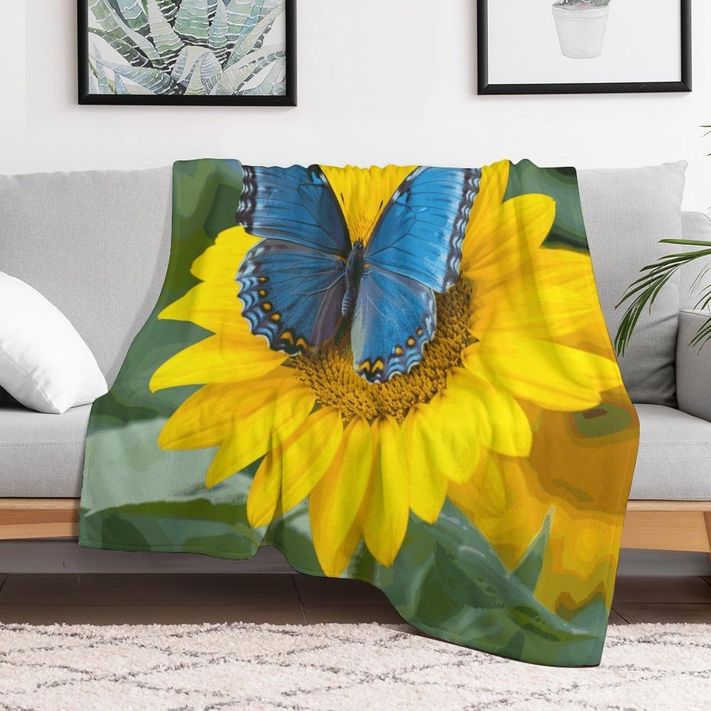 Sunflower Blue Butterfly Blanket Super Soft Lightweight Throw Blanket Cute Cozy Warm Bed Blanket Decorative Fuzzy Blanket All-Season Home Decor Gift for Sofa Couch Living Room 40"*50" （100 * 130cm）