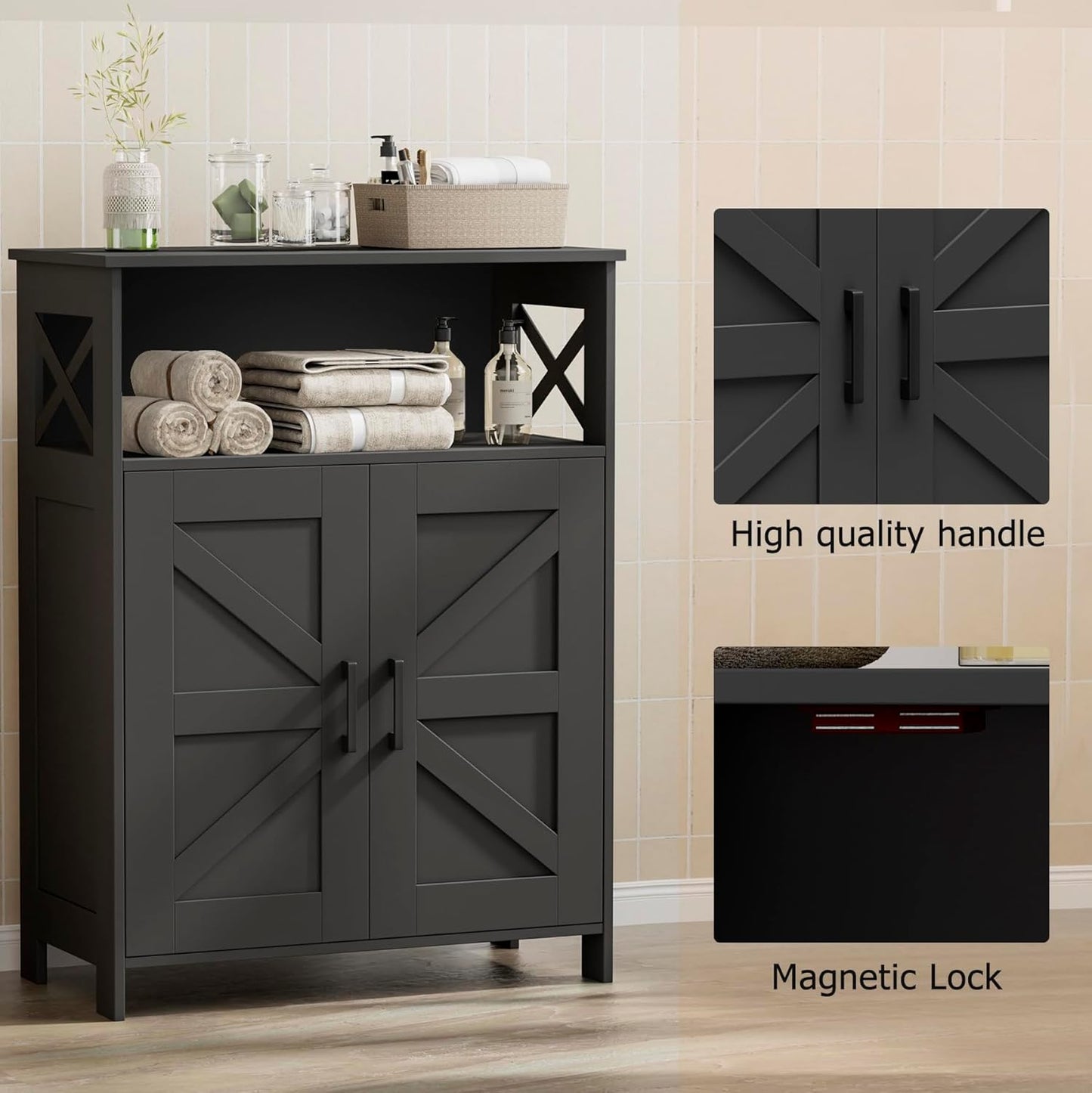 Homhedy Farmhouse Bathroom Storage Cabinet with 2 Doors, Toilet Paper Cabinet with Adjustable Shelves, Small Bathroom Cabinet for Kitchen/Laundry/Living Room, 11.8 x 23.6 x 31.5 Inches, Black