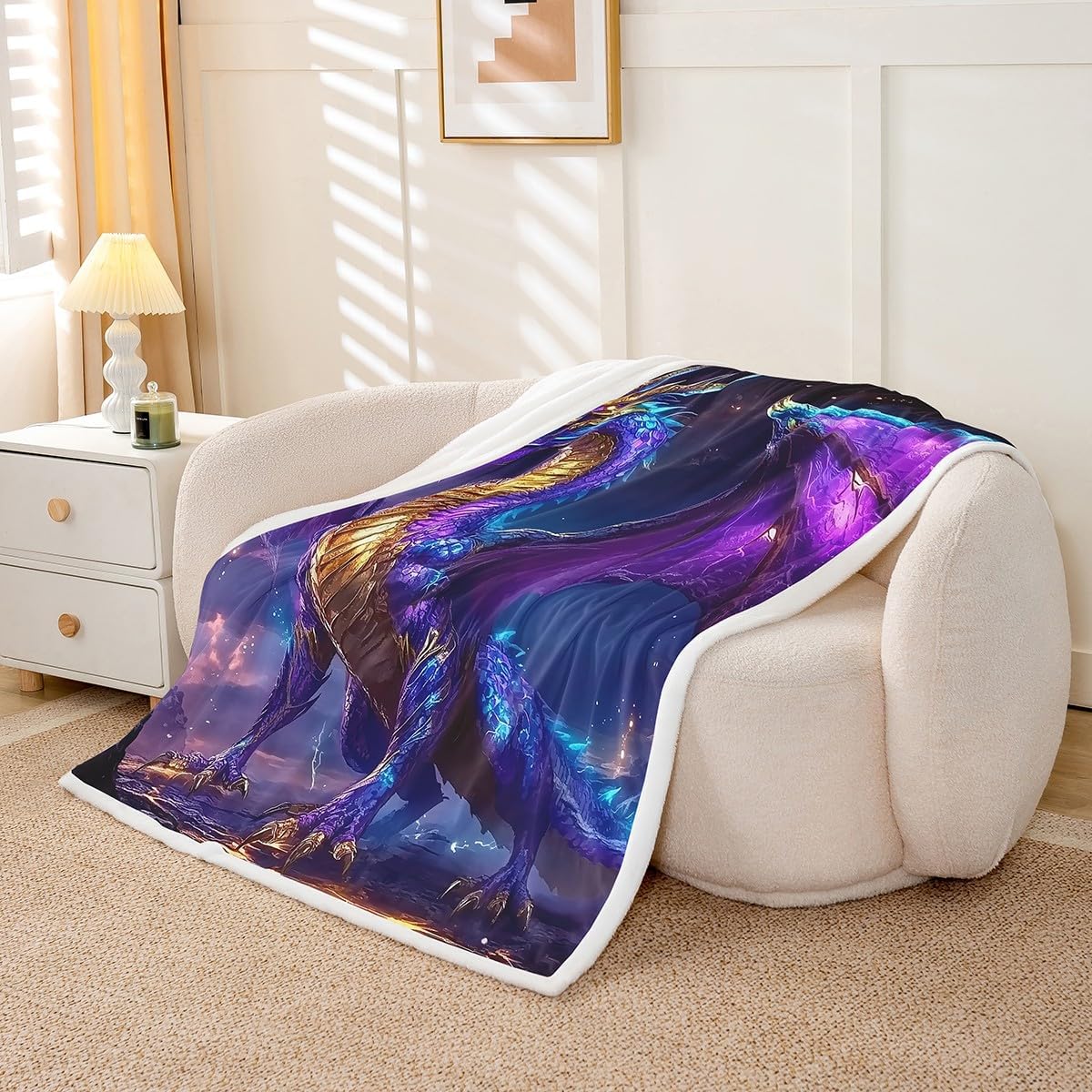Erosebridal Dragon Throw Blanket Twin 60"X80", Magic Animal Loong Sherpa Blanket for Kids Boys Teens Bedroom Decor, Outer Space Fleece Blanket Lightning Galaxy Plush Bed Blanket, Purple