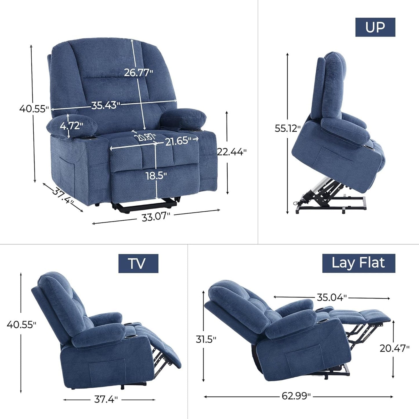 Power Lift Recliner Chair with USB Port Ergonomic Backrest Overstuffed Armrest Fabric Electric Massage Recliners Chairs with Heat for Elderly People