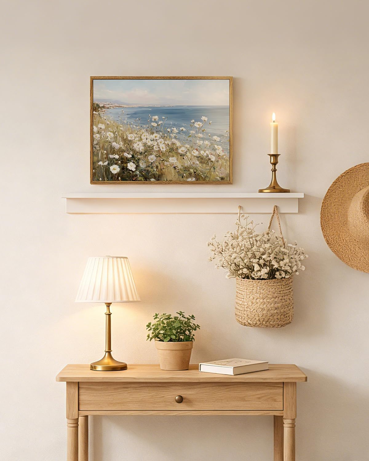 WHASAYART Framed Coastal Landscape Canvas Wall Art, Blue Ocean and Seaside Meadow White Poppy Flower Field Print Painting, Spring Summer Pictures Decor for Dining Room Living Room Bedroom 12x16