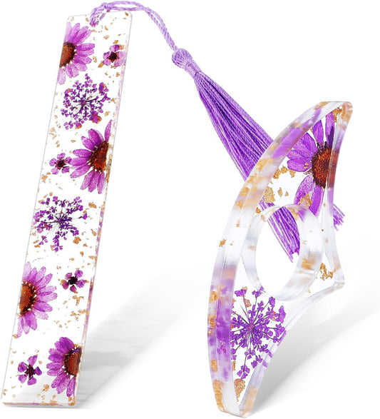 2 Pcs Fan Book Page Holder, Dried Flower Resin Thumb Book Page Holder and Bookmark with Tassel, Book Accessories for Reading Lovers, Gift for Bookworm, Readers, Literary, Students, Teachers