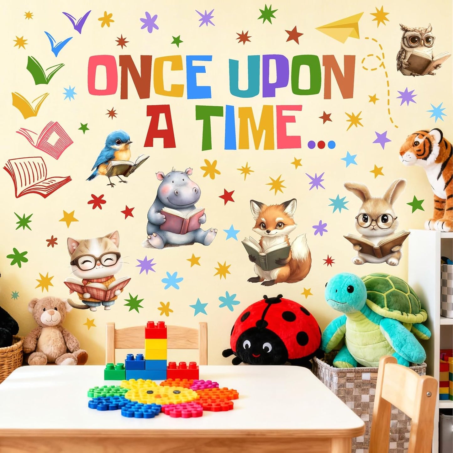 Reading Wall Decal Library Book Wall Stickers Story Read Book Animal Wall Decals Peel and Stick Reading Corner Wall Stickers for Nursery Kids Room Playroom Daycare Classroom School Decor
