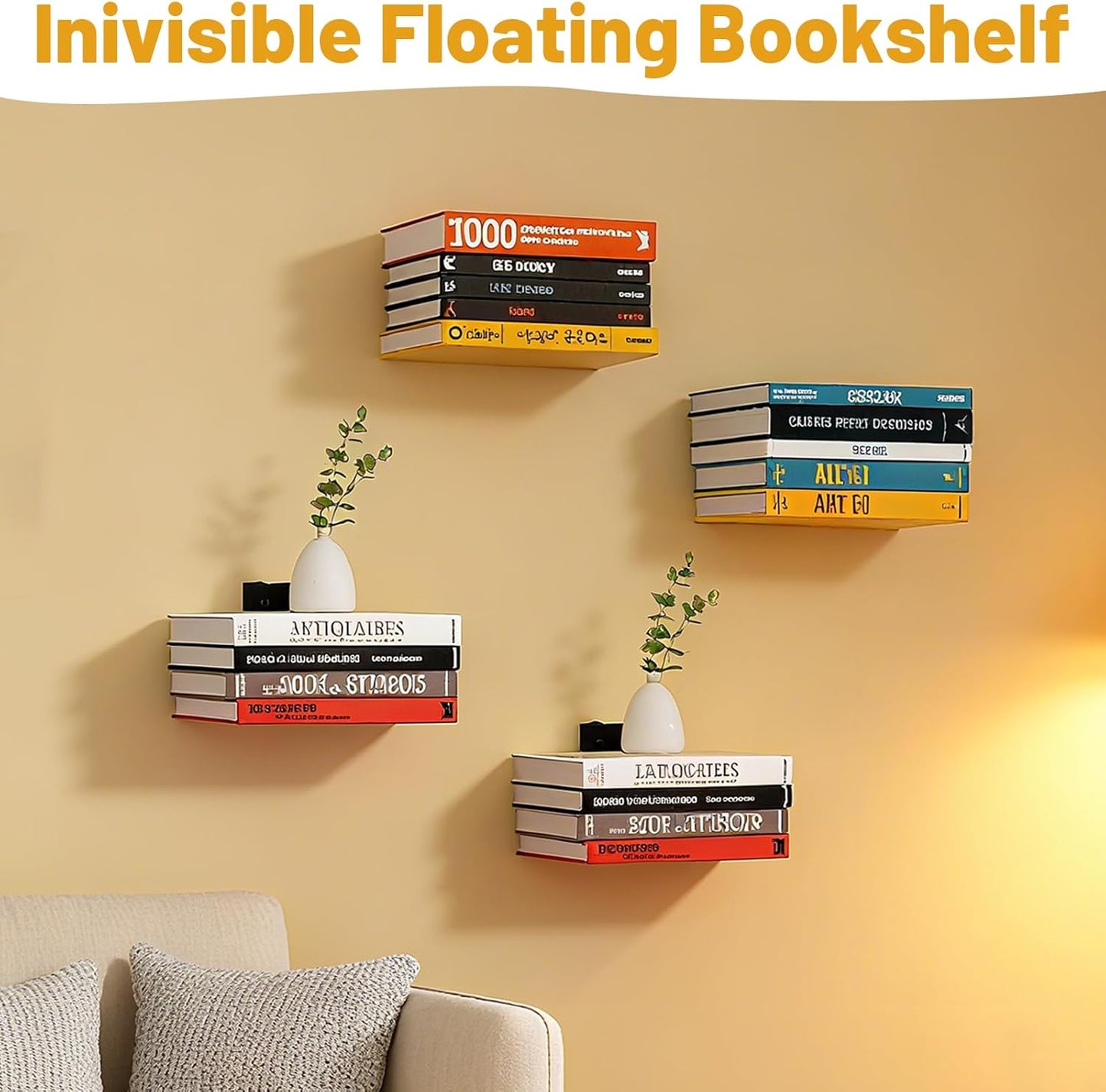 3 Pcs Invisible Book Shelf, Heavy Duty Floating Book Shelves for Wall Mounted Bedroom Living Room Office