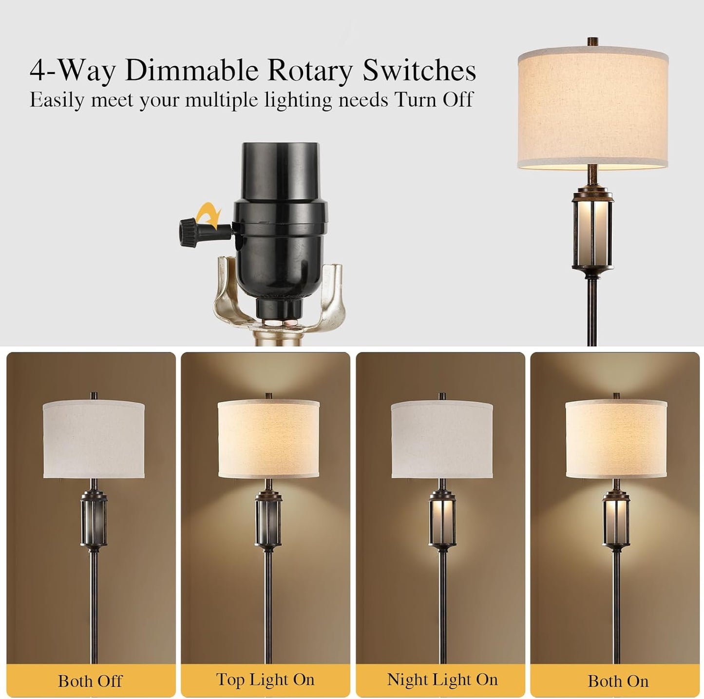 65'' Farmhouse Floor Lamp for Living Room with 2 Light Sources, Vintage Tall Standing Lamp with Frosted Acrylic Nightlight, Rustic Floor Light for Bedroom Office Corner, Bulbs Included