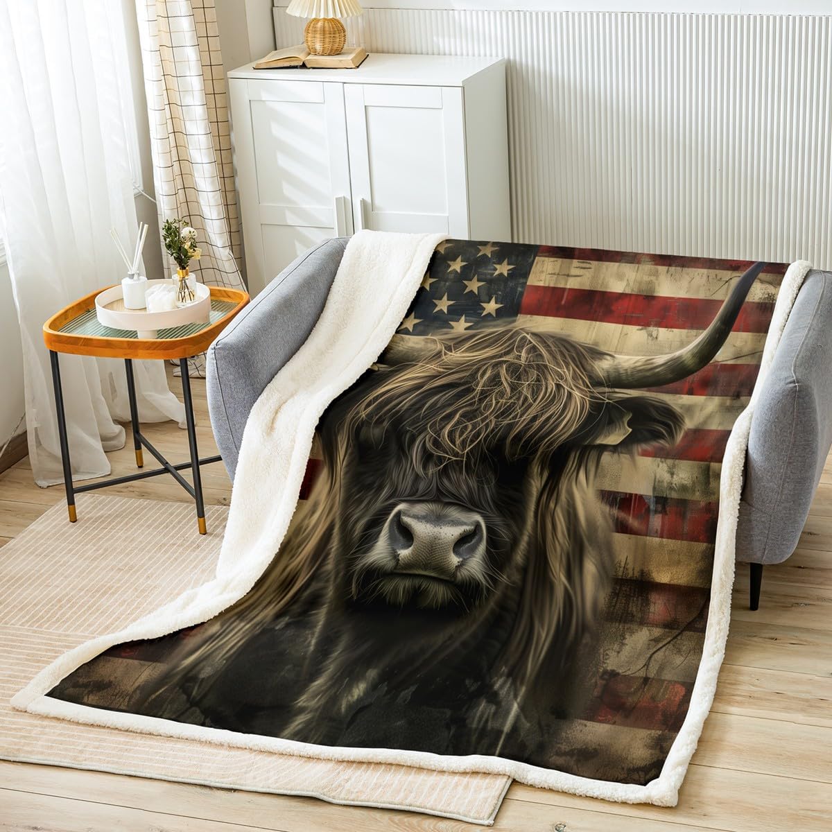 3D Bull Blanket Highland Cow Printed Fleece Blanket Throw,Rustic American Flag Throw Blanket Western Animal Wildlife Sherpa Blanket Geometric Stripe Fuzzy Blanket Kids Boys Teens Room Decor