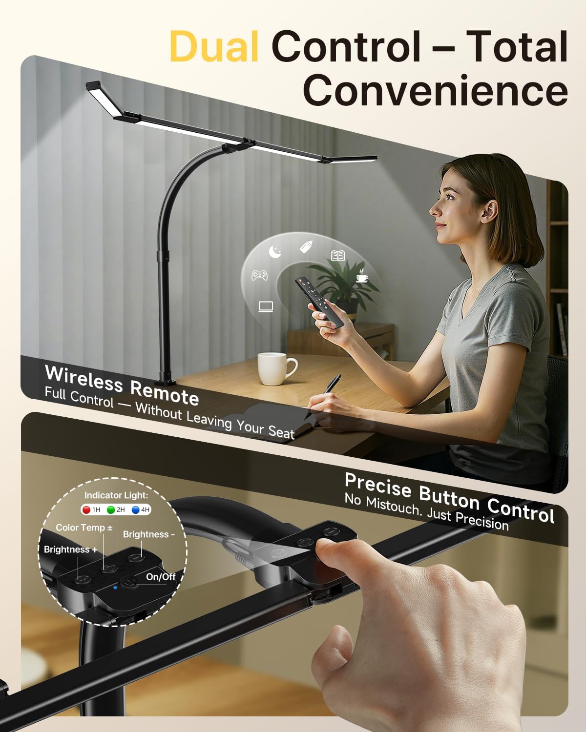 ONEMIX 42" LED Desk Lamp with Clamp, Architect Desk Light with Remote, Adjustable 4-Segment Bar, 1800LM Bright, Eye-Caring Desk Lamp for Home Office, Reading, Study, Dual Monitors, Easter (Black)