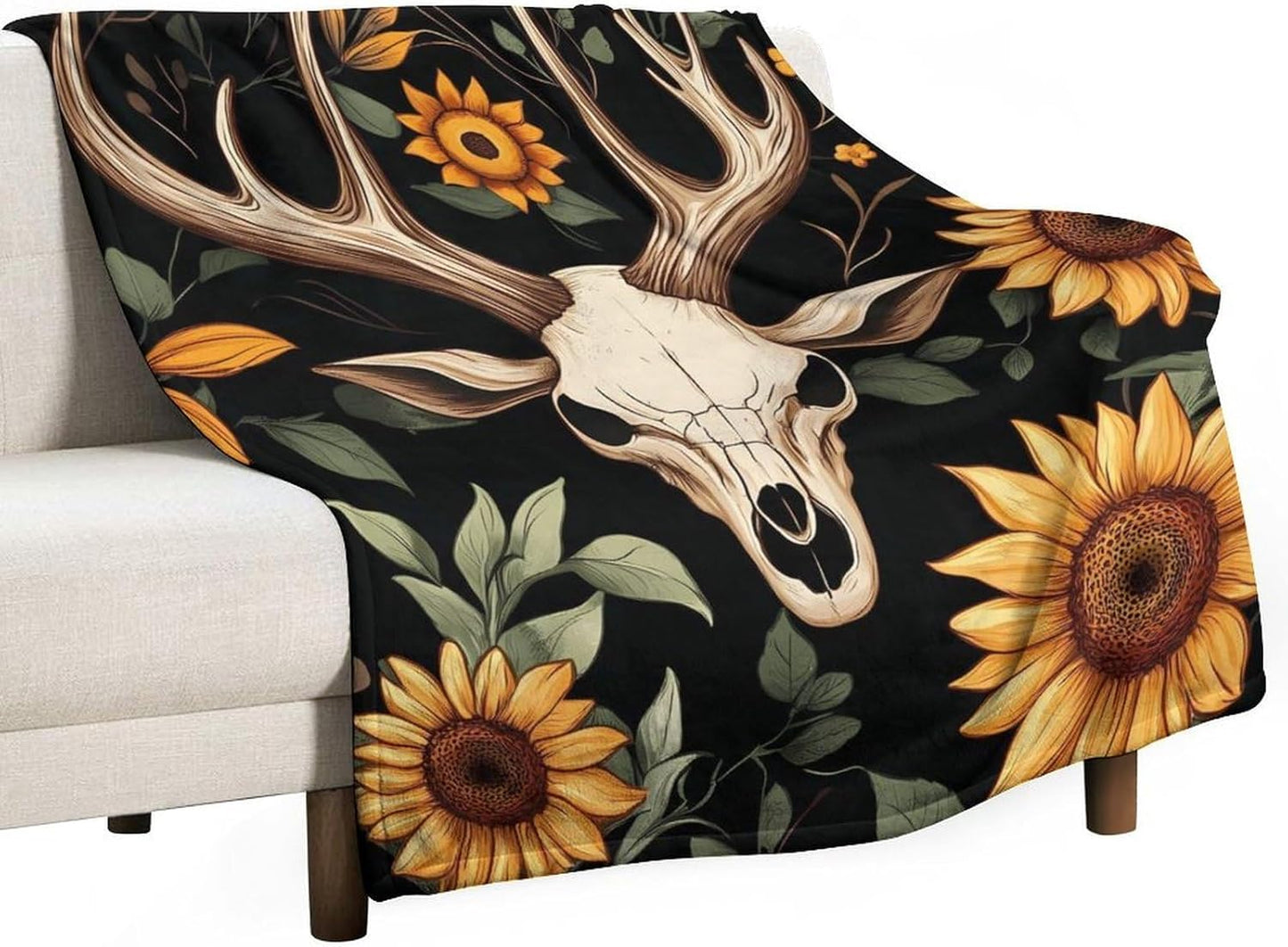 Deer Skull Sunflower Throw Blanket for Couch Bed Plush Cozy Fuzzy Flannel Blanket for All Season 70"x80"