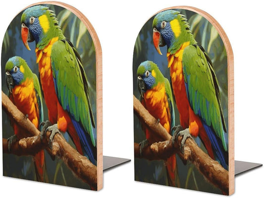 Bird Parrot Painting Bookend for Shelves Wooden Book End Large Size Sturdy Book Holders Stoppers with Metal Base for Bookshelves Slick Decorative Bookends Stands