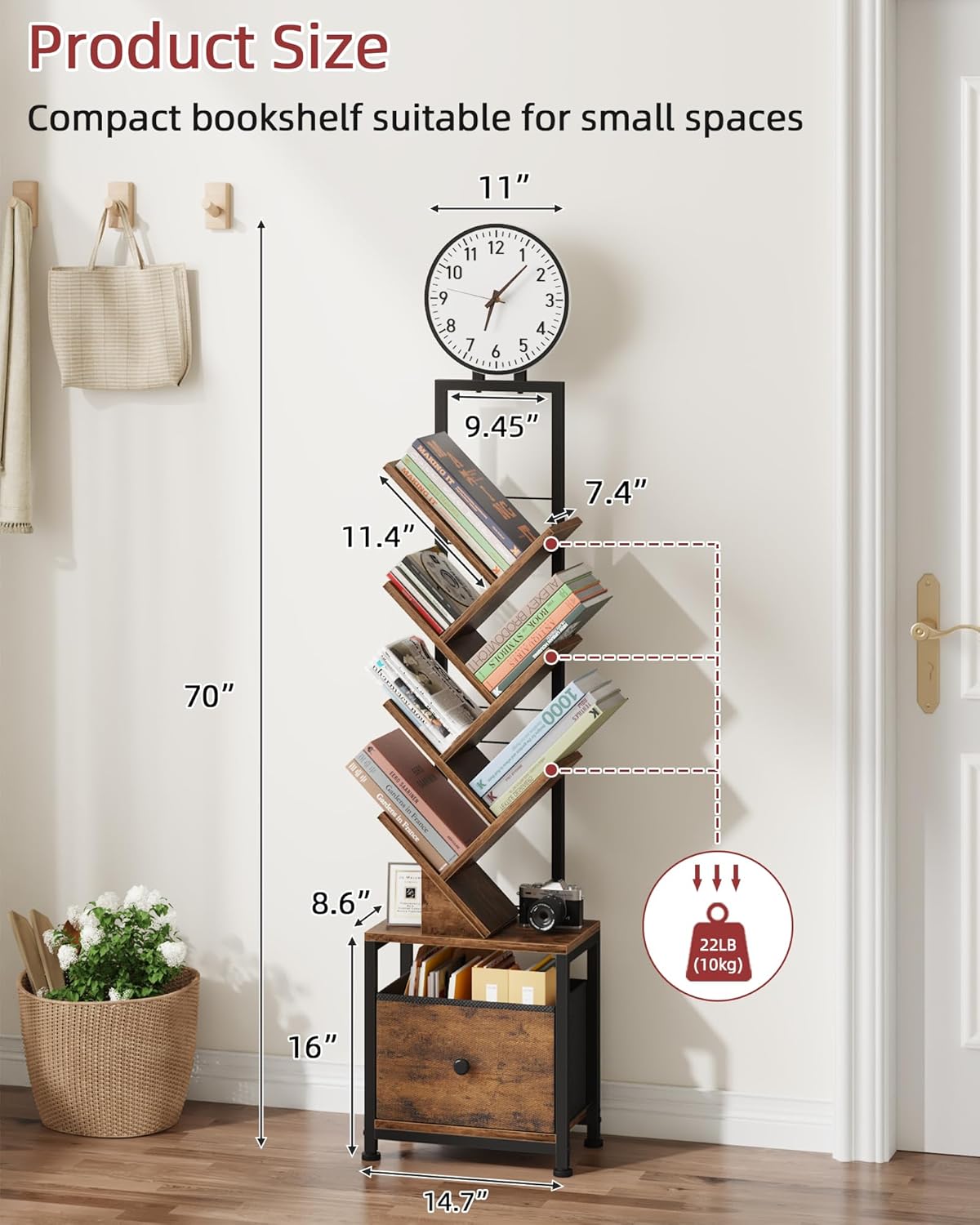 6 Tier Tree Bookshelf with Clock and Fabric Drawer, Small Narrow Bookcase, Tall Floor Standing Book Shelf for Bedroom, Living Room, Home Office, Rustic Brown