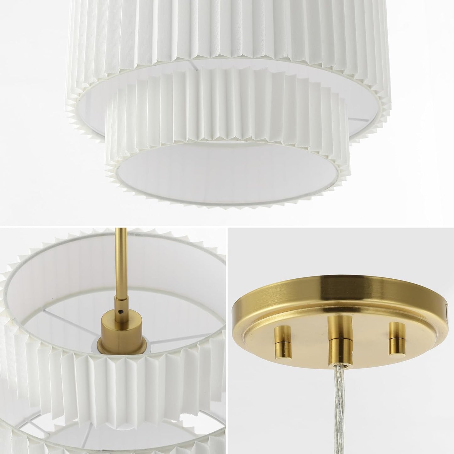 JONATHAN Y 14.5" Brass Gold and White 1-Light Iron Pendant Light, Vintage Mid-Century Modern with Pleated Linen Shade, Adjustable Height for Kitchen, LED Bulb Included JYL2408A