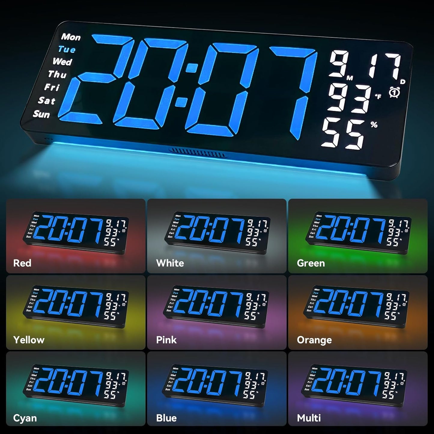 Digital Wall Clock Large Display, 17.3" Digital Clock with RGB Color Remote Control, Auto-Dimming Big Wall Clock with Night Light,Auto DST,Date Week,Temp for Home Decoration, for Elderly (Blue)