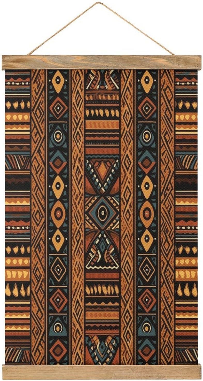 Vintage Traditional African Design Pattern Poster with Wooden Frame Personalized Linen Hanging Scroll Painting Rustic Wall Hanging Illustrative Modern Artwork Decor for Home Living Room Bedroom Office