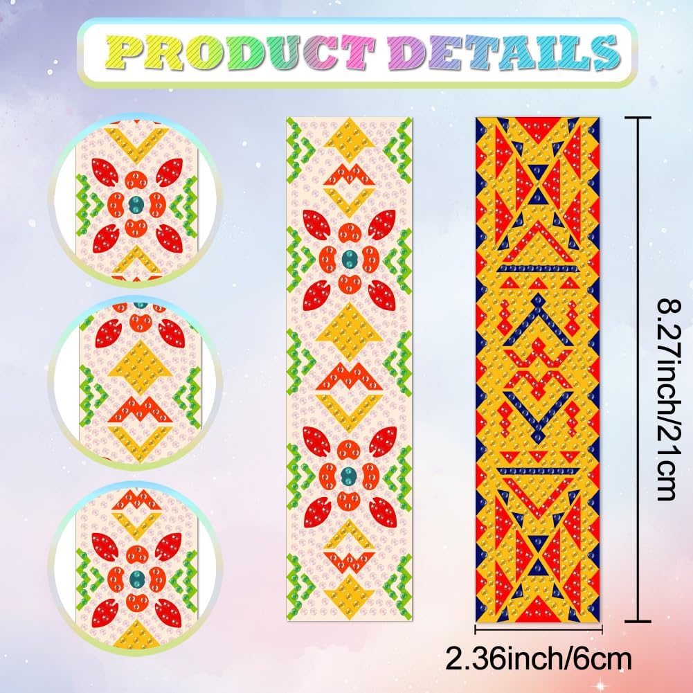 6Pcs Geometric 5D Diamond Art Bookmarks Vintage Floral Diamond DIY Painting Bookmarks Rhinestones Beaded Acrylic Tassel Bookmark for Adult Beginner Crafts