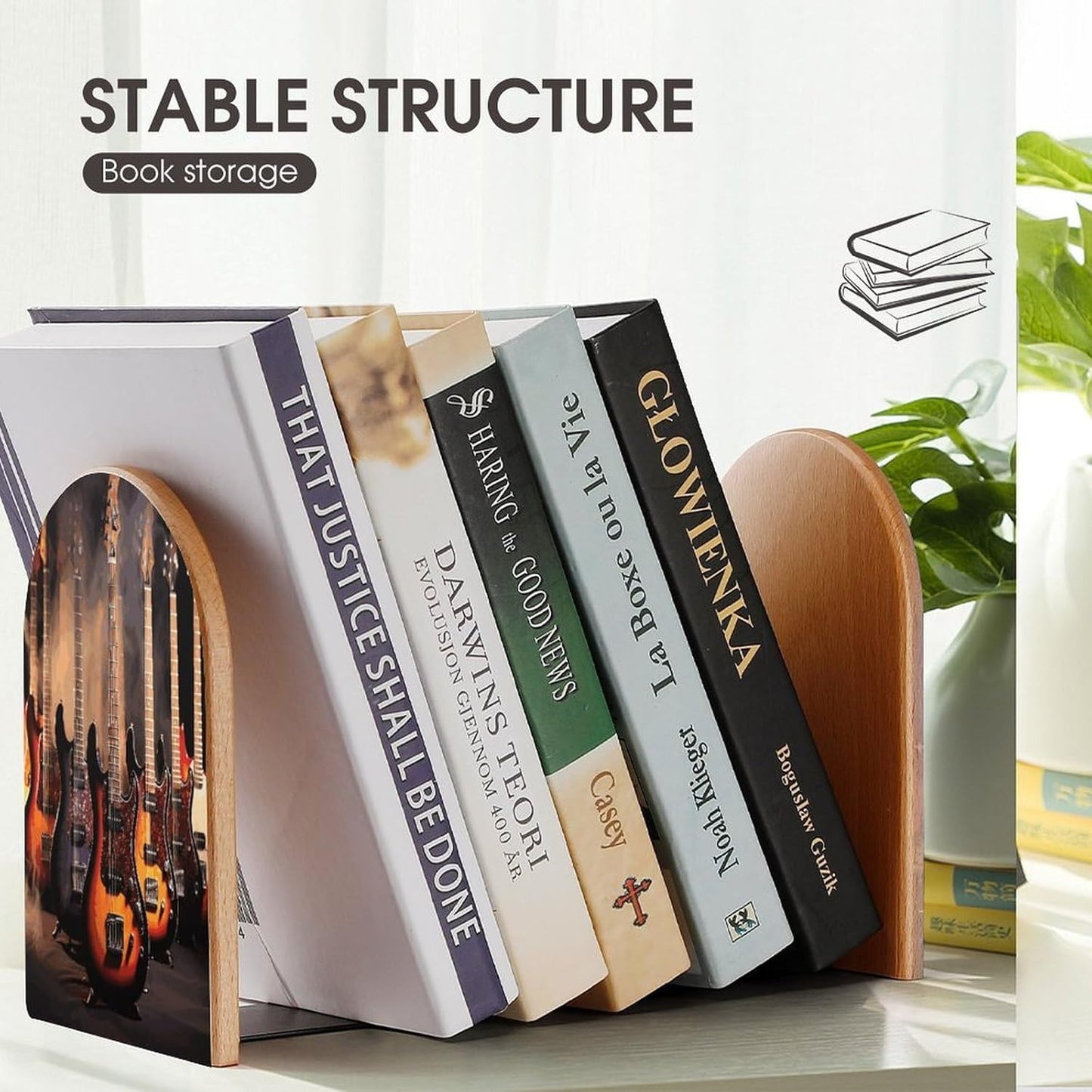 Cool Electric Guitar Bookend for Shelves Wooden Book End Large Size Sturdy Book Holders Stoppers with Metal Base for Bookshelves Slick Decorative Bookends Stands