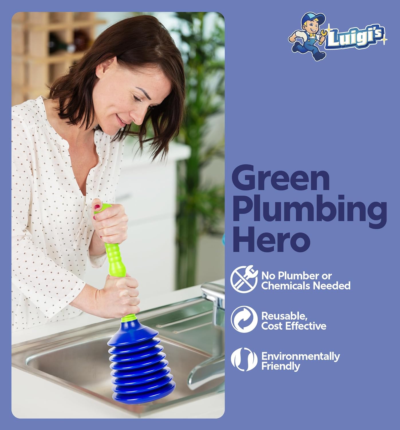 Luigi's Sink Plunger Kitchen - Sink Plunger Bathroom - Drain Bathtub or Shower - Small and Powerful Clog Remover - Commercial Style "Plumbers Plungers" with Large Bellows - Blue - Small