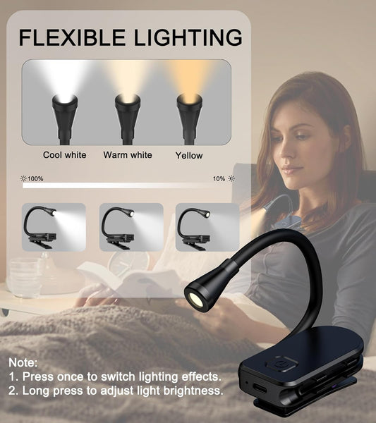 Clip on Book Light, 3 Light Colors and stepless Brightness Adjustment, 360° Flexible, Small Lightweight Clip On Book Reading Light for Studying and Reading