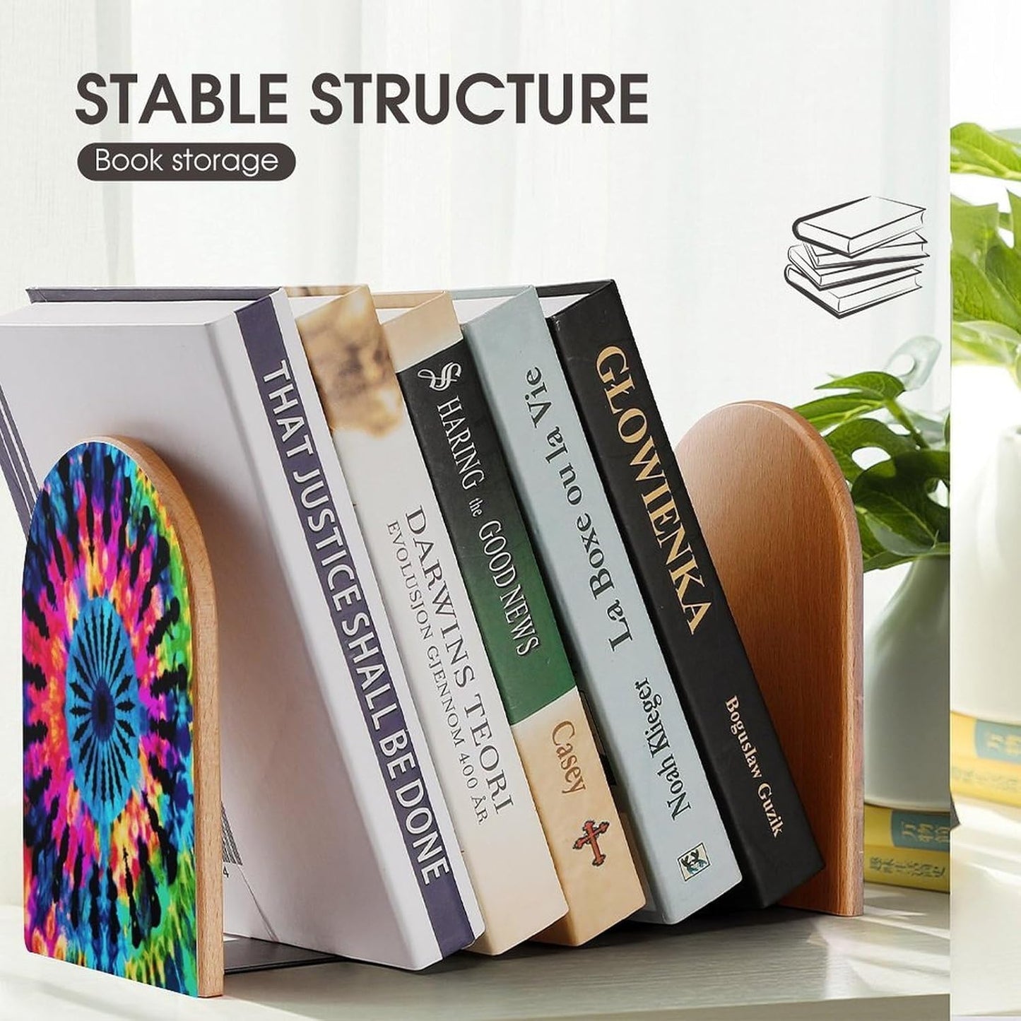 Non-Slip Bookend for Shelves Exotic Tribe Tie Dye Style Wooden Bookends with Metal Base Decorative Book Stopper for Home Heavy Duty Wood Book Storage for Books/CDs