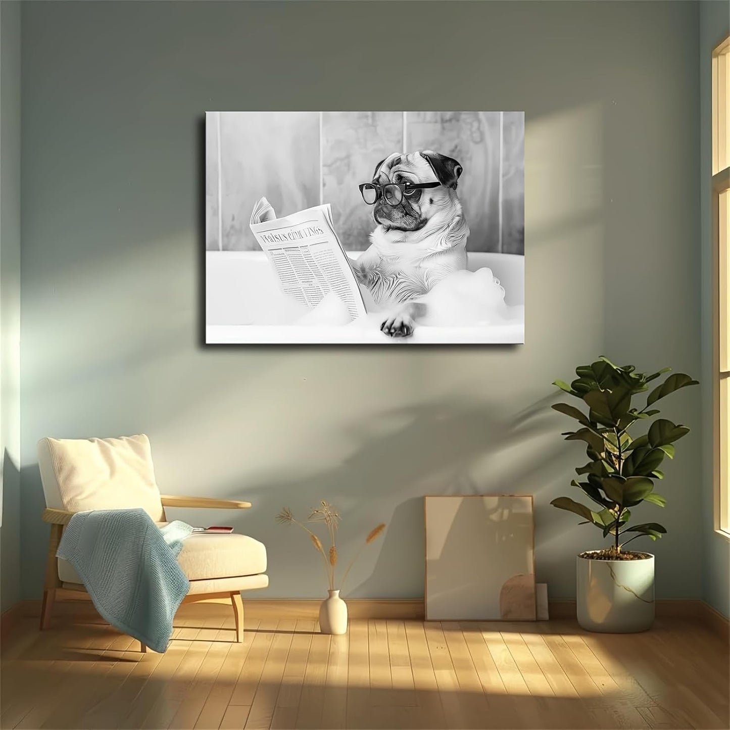 Pug in Bathtub Wall Art, Dog Reading Newspaper in Bubble Bath Poster, Black and White Print, Funny Wall Art, Bathroom Wall Decor (12x18inch Framed)