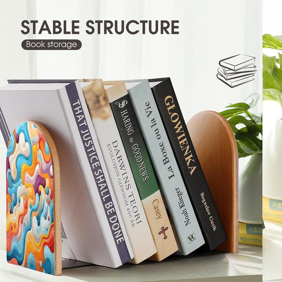 Non-Slip Bookend for Shelves Cartoon Lines Wooden Bookends with Metal Base Decorative Book Stopper for Home Heavy Duty Wood Book Storage for Books/CDs
