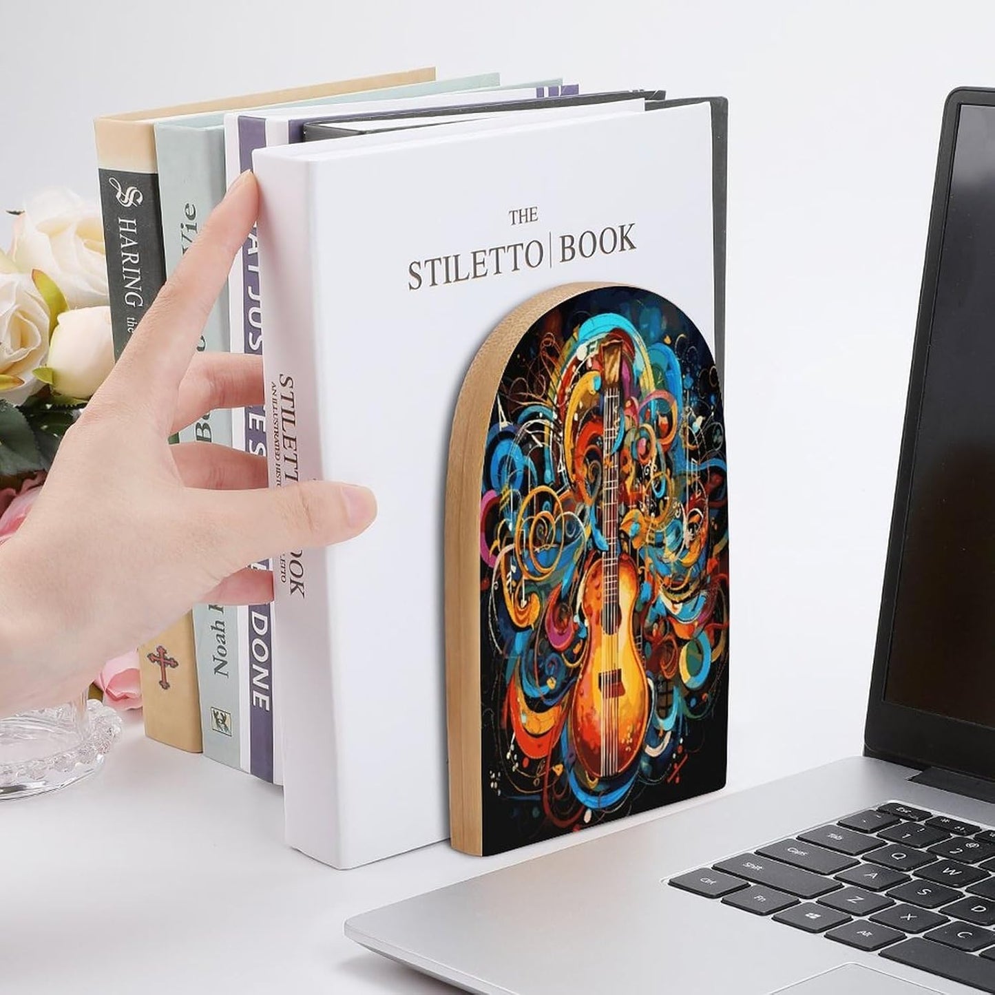 Music Series Bookend for Shelves Wooden Book End Large Size Sturdy Book Holders Stoppers with Metal Base for Bookshelves Slick Decorative Bookends Stands