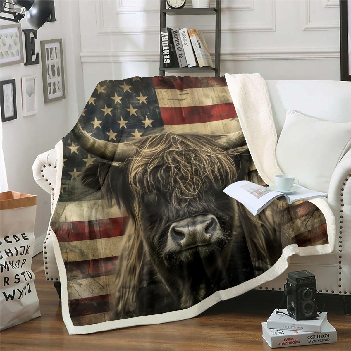 3D Bull Blanket Highland Cow Printed Fleece Blanket Throw,Rustic American Flag Throw Blanket Western Animal Wildlife Sherpa Blanket Geometric Stripe Fuzzy Blanket Kids Boys Teens Room Decor