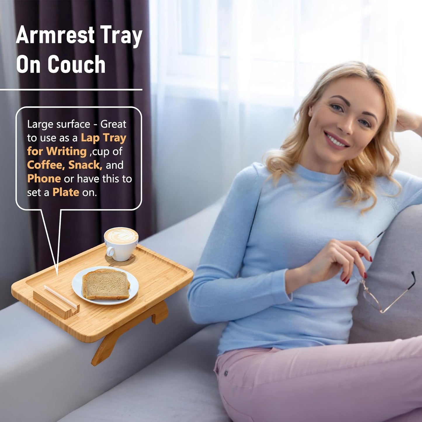 SINWANT Couch Arm Tray,Bamboo Sofa Clip on Side Table,Foldable Couch Armrest Table with 360° Phone Holder,Food Trays for Eating/Drinks/Snacks/Remote 15.35" x 9.8"