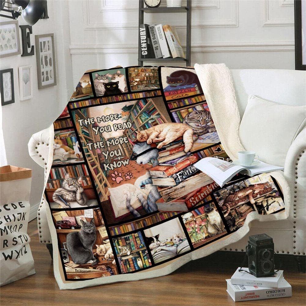 Book Lovers Throw Blanket, Cat Lovers Blanket, Soft Cat & Books Blanket for Sofa, Couch, Beds Decoration, Christmas 50x60