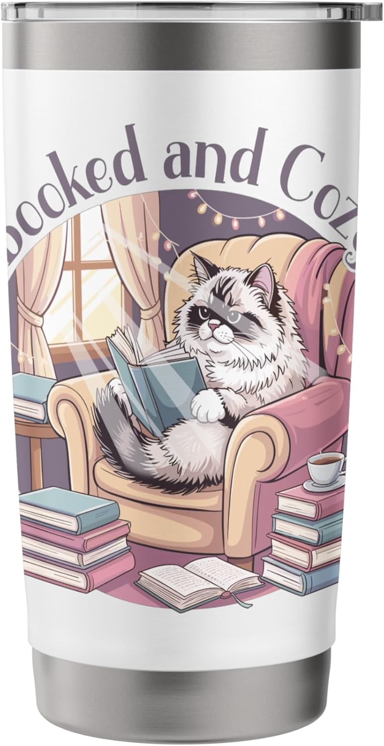 Booked and Cozy Cat Reading Bookworm Feline Reader Stainless Steel Insulated Tumbler