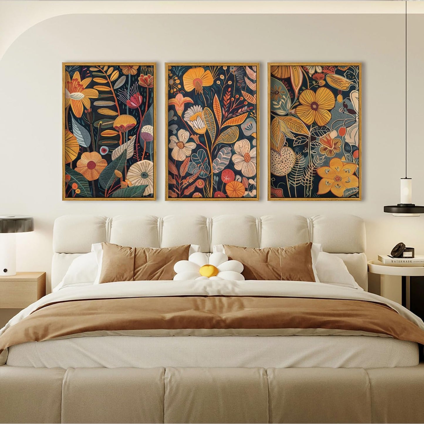 TBKHUDBI Framed Burnt Orange Floral Canvas Wall Art,Mid Century Modern Wall Decor,Boho Terracotta Flower Picture Prints Poster Painting Artwork Set Of 3 For Living Room Bedroom Office 16"x24"