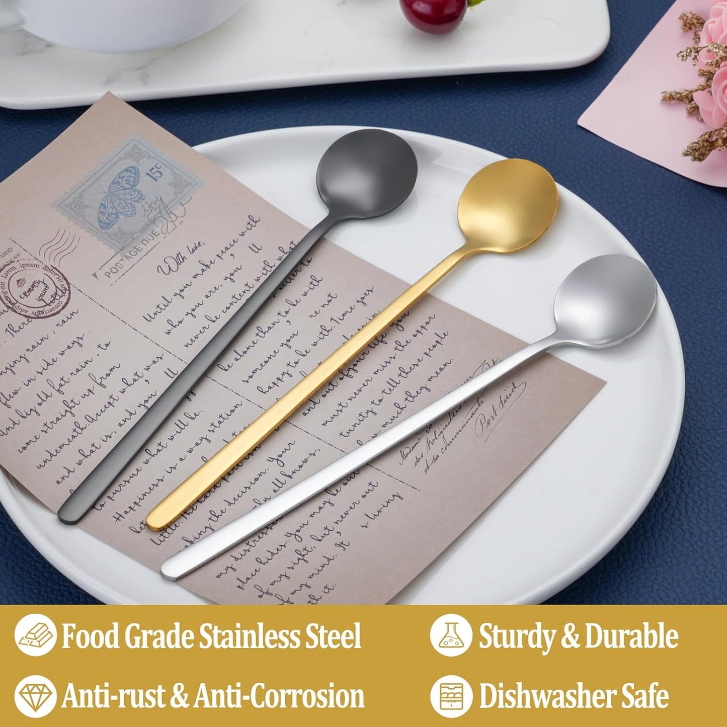 12 Pcs Coffee Spoons Set, 6.7" Gold Tea Spoons Long Handle, Gold Small Teaspoons, Stainless Steel Espresso Spoon, Long Spoon for Stirring, Coffee Bar Accessories