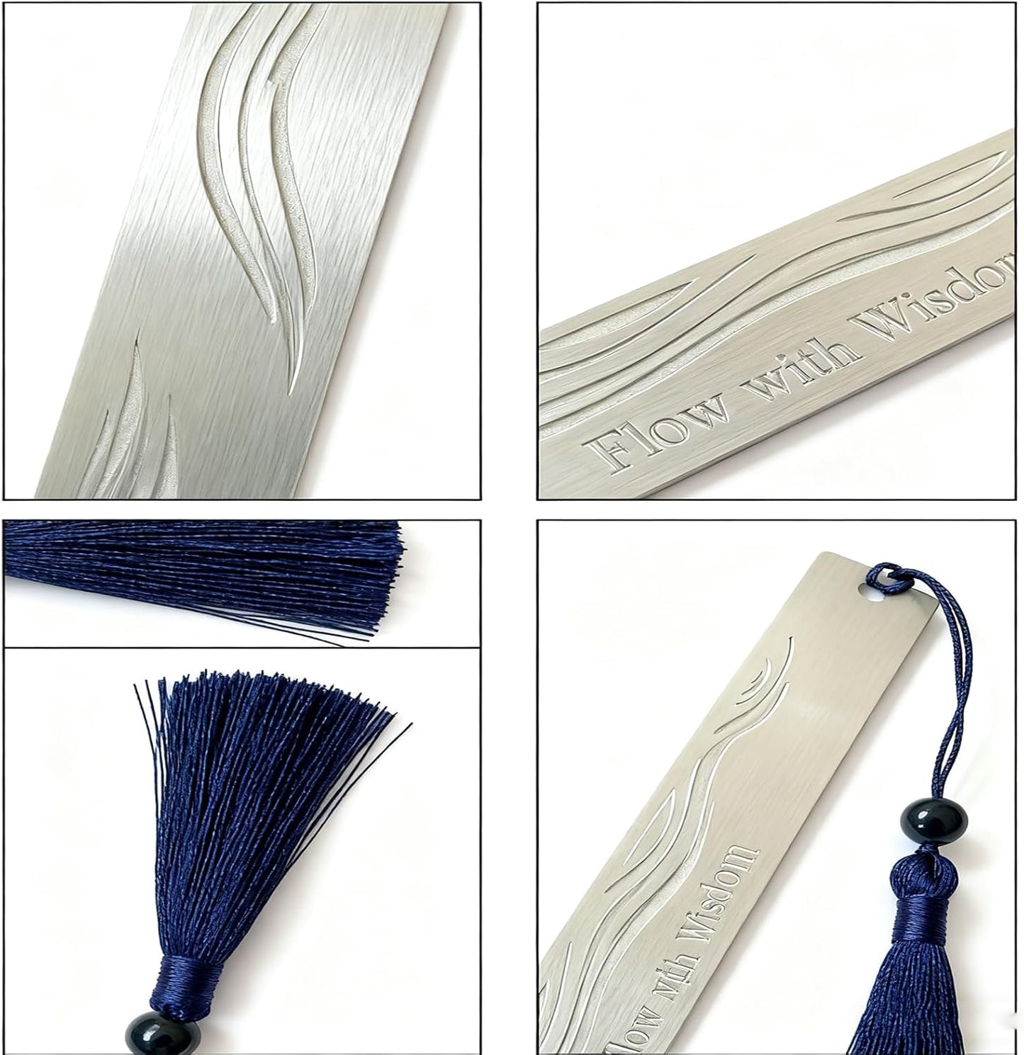 Stainless Steel Bookmark for Men - Flow with Wisdom Gift for Dad Husband and Book Lovers | Laser Engraved Metal Page Holder with Blue Tassel 5.9 Inches