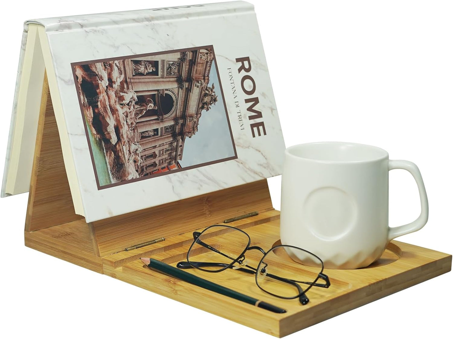 Junfire Triangle Book Stand with Drink Holder, Book Rest, Wooden Book Nook Reading Valet for Book Lover Gifts