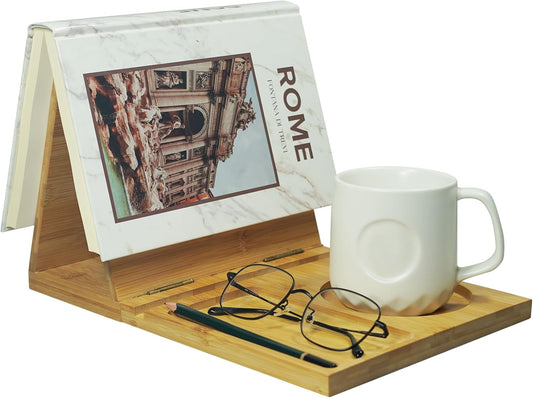 Junfire Triangle Book Stand with Drink Holder, Book Rest, Wooden Book Nook Reading Valet for Book Lover Gifts