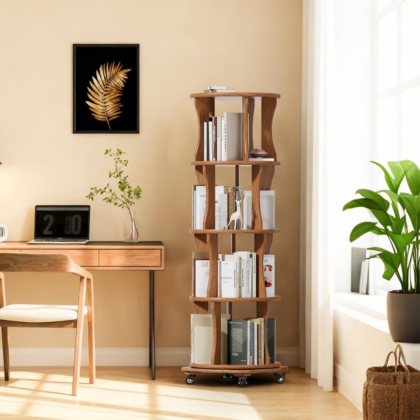 4 Tier Solid Wood Rotating Bookshelf with Wheels, Round Revolving Bookcase Organizer, 360° Spinning Storage Shelf for Corner, Small Narrow Spaces, Home, Office, BedRoom,Living Room,Study Room