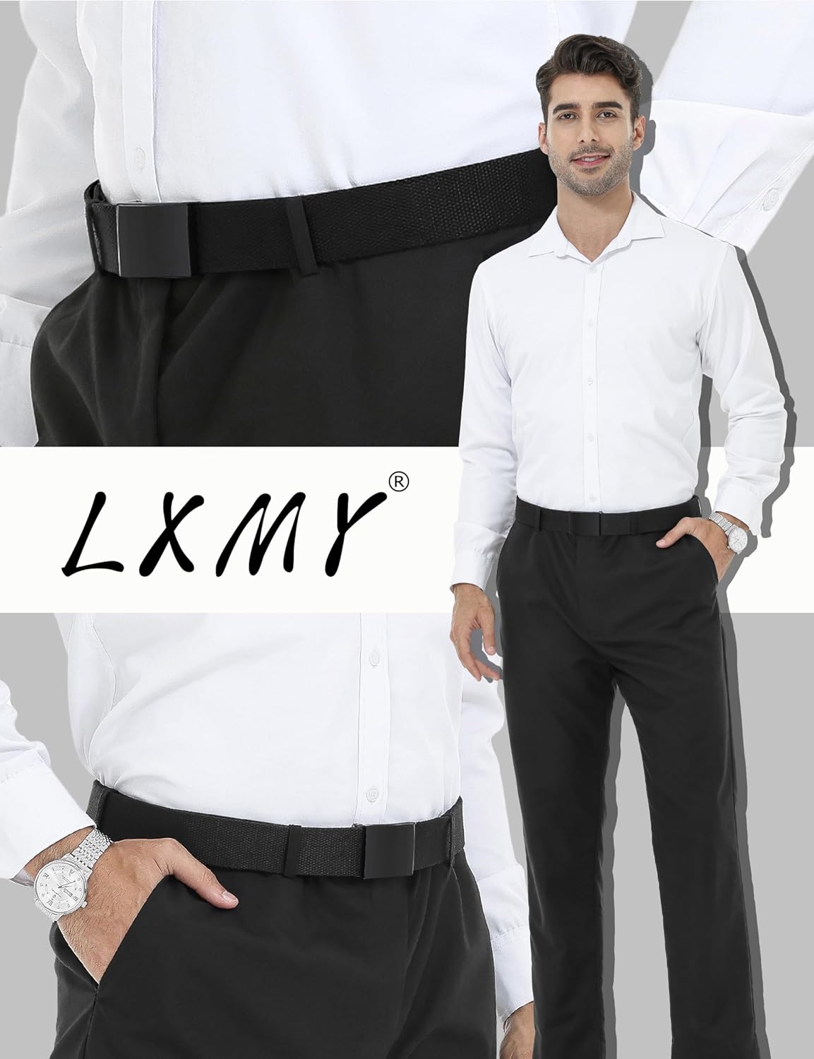 LXMY Mens Belt,Work Belts for Men,Mens Holeless Adjustable Canvas Web Cloth Fabric Belts,Black Casual Dress Business Belt