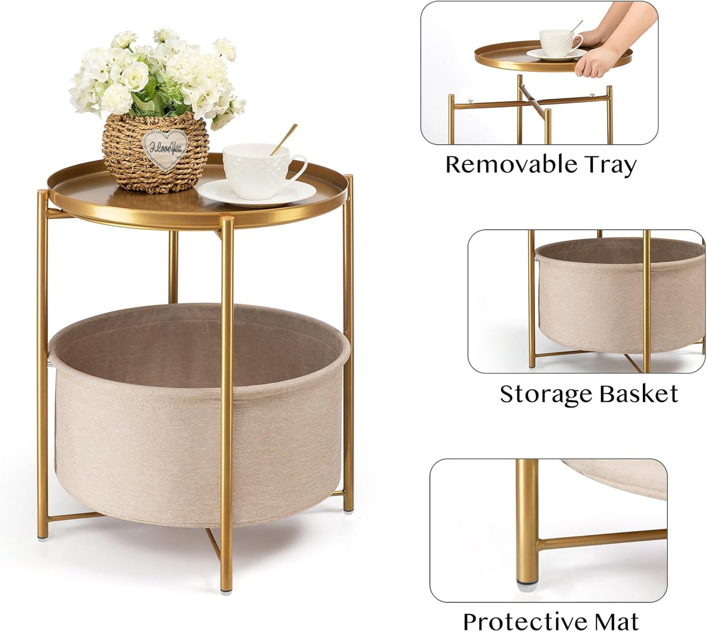 danpinera Round Side Table with Fabric Storage Basket, Metal Side Small Bedside Table Nightstand with Removable Tray Top for Living Room, Bedroom, Nursery, Bathroom, Gold