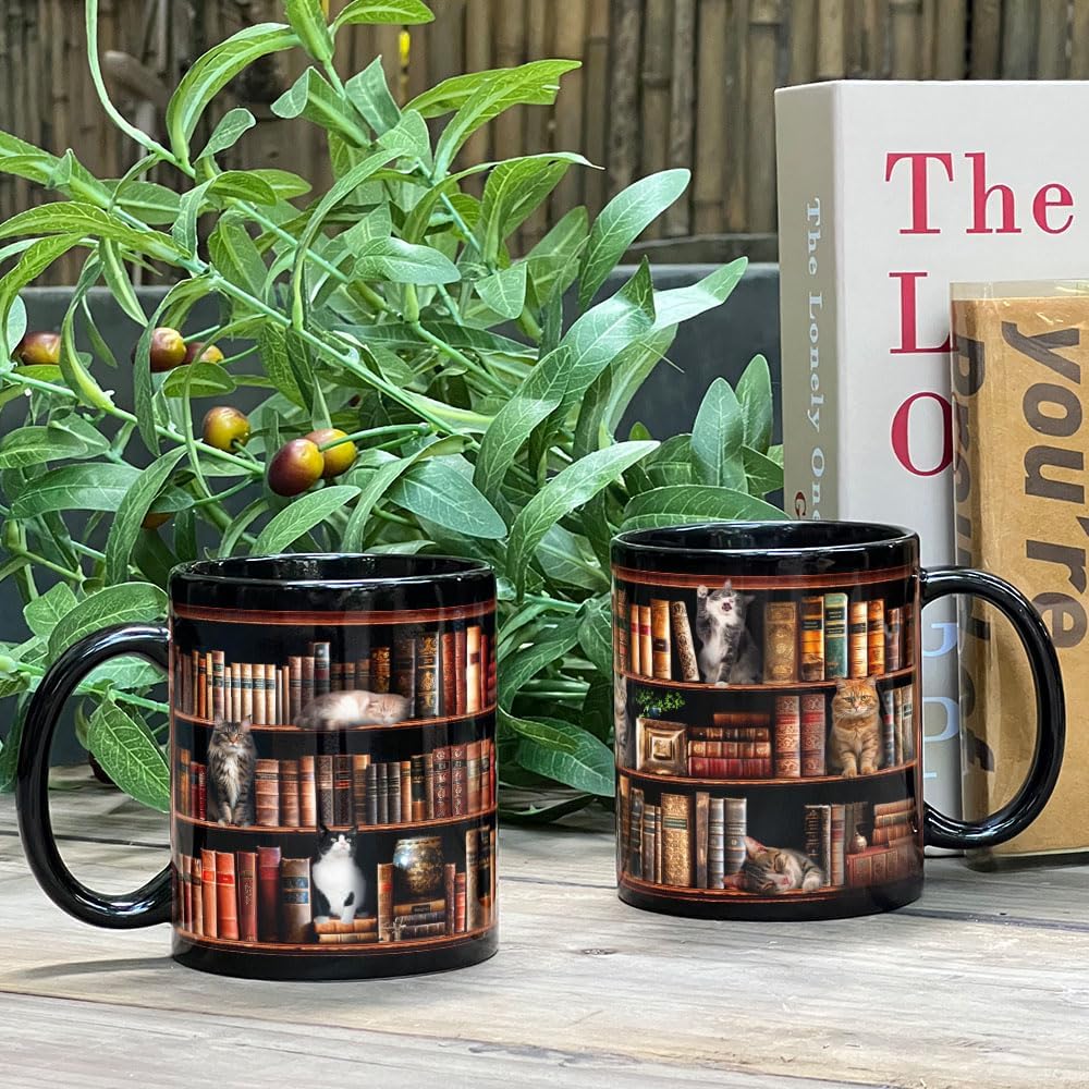 Cat Book Mug Gift for Book Lovers Readers Librarian, Library Bookshelf Mug, Book Lover Bookish Gifts for Bookworm Writer Women, Cats Mug for Cat Lovers 11oz