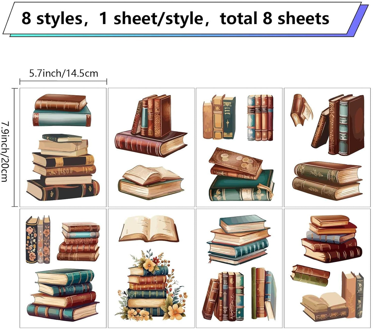 CRASPIRE 8 Sheets Boho Books Stack Window Stickers Reading Lovers Vintage Self Adhesive Clings Wall Decals Peel and Stick Vinyl PVC Waterproof Decor for Bedroom Nursery Living Room Bath Dorm