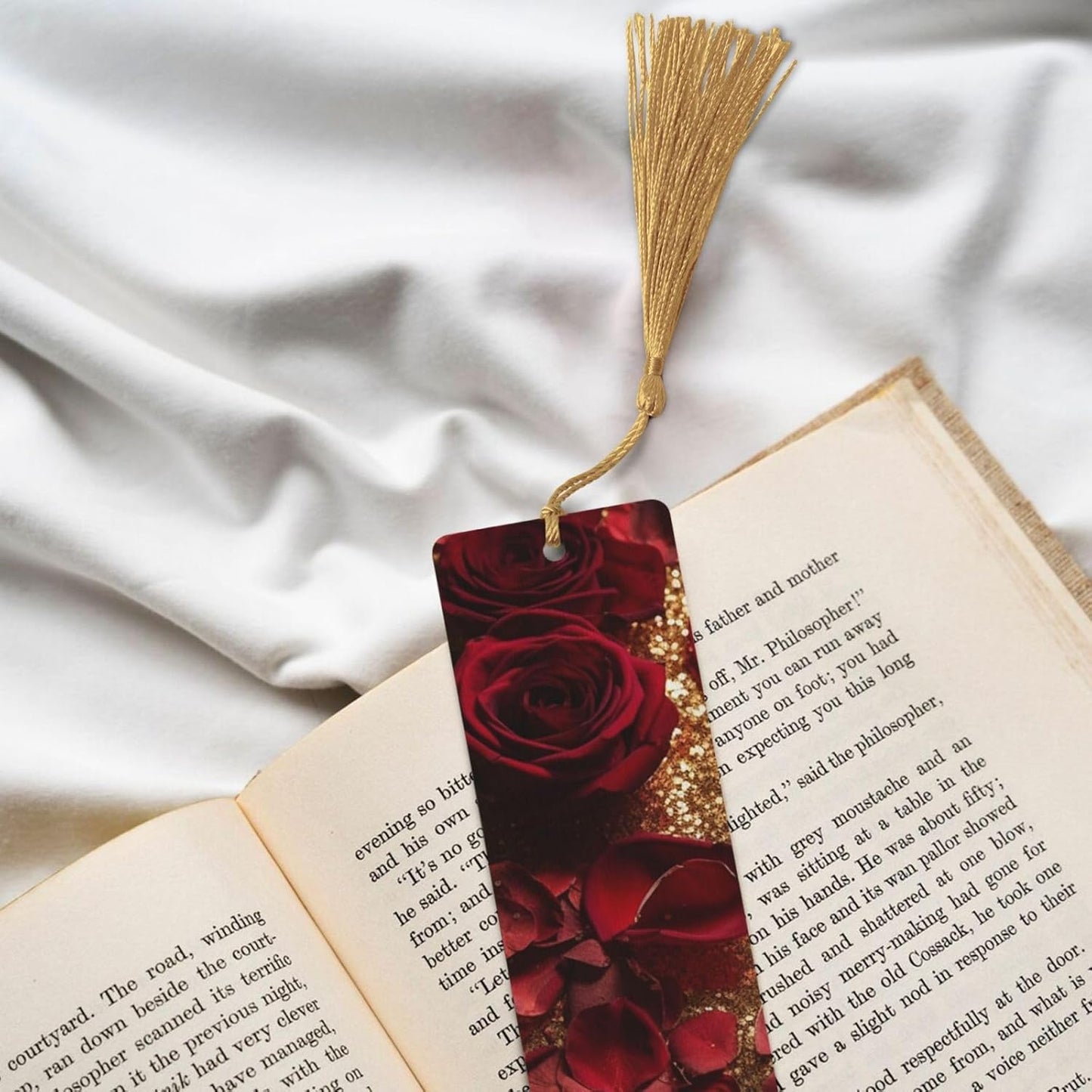 Rose Sparkling Bookmarks Gifts for Women Men, Wooden Bookmarks for Book Lovers, Vintage Book Marks Ornaments with Tassel, Unique Personalized Reading Page Markers Gold