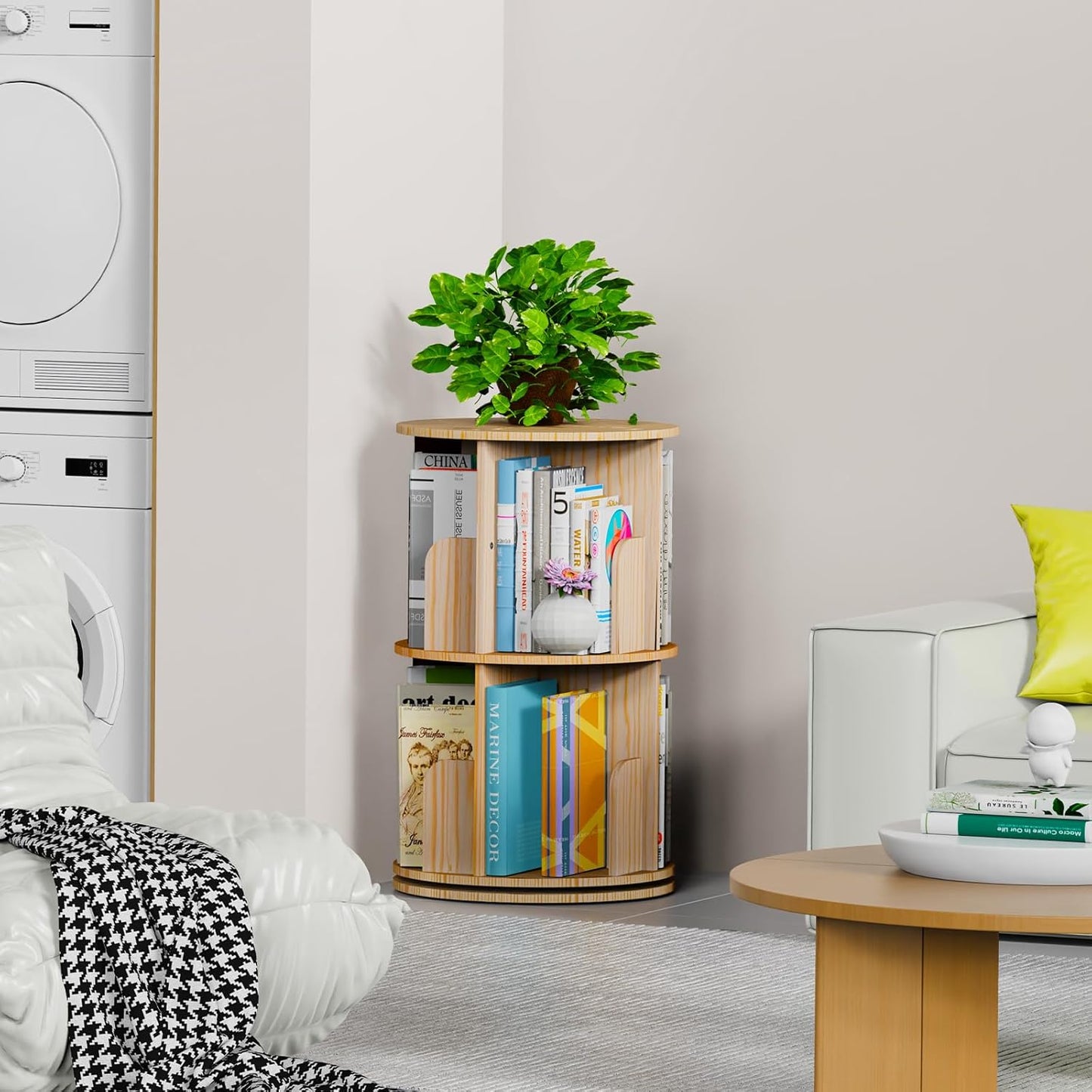 Small Rotating Bookshelf, 2 Tier Revolving Bookcase 360 Display Round Spinning Bookshelf Narrow Swivel Corner Book Shelf Standing Bookcase for Kids Bedroom, Living Room