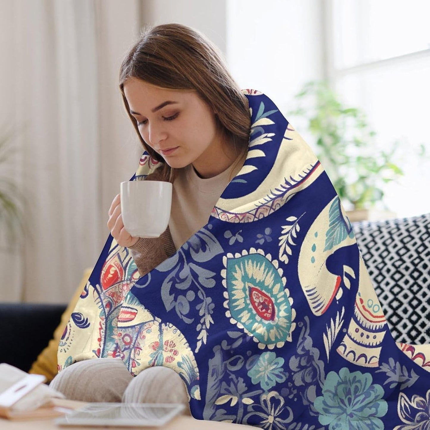 Boho Elephant Blanket Chunky Fluffy Fuzzy Bed Blankets Cozy Soft Warm Winter Blankets Anti-Pilling Flannel Throw Blanket for Couch Living Room Bedroom Multiple Size