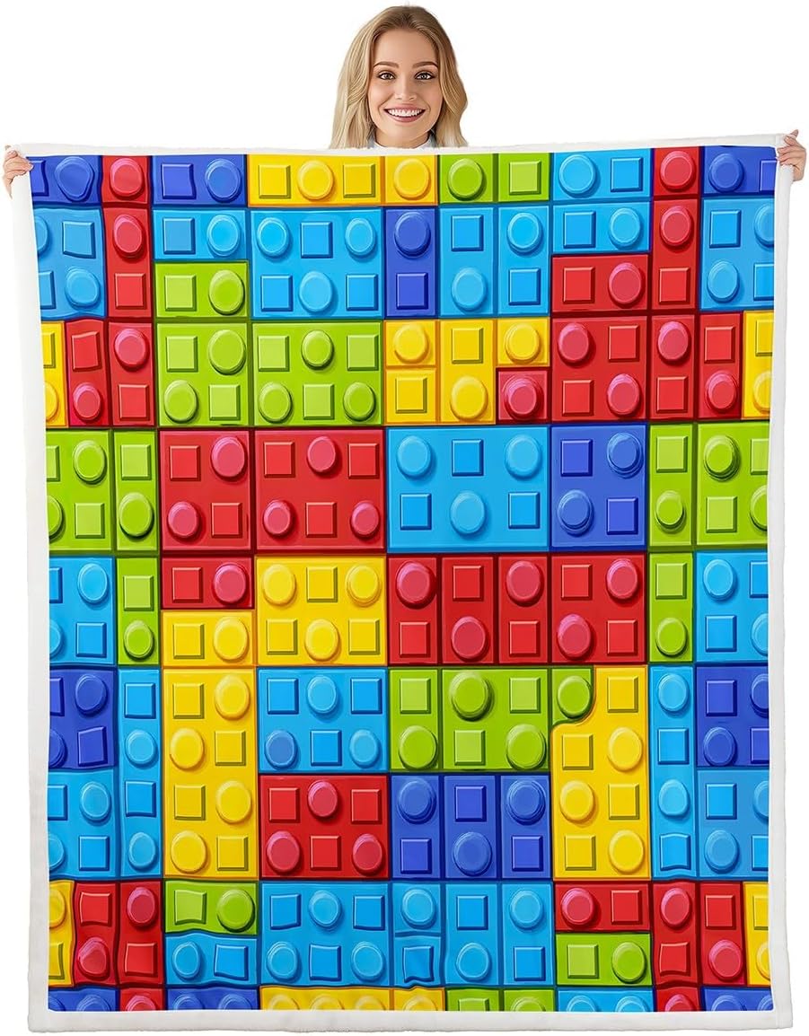 Feelyou Colorful Toy Throw Blankets Teen Funny Building Blocks Decor Soft Cozy Fleece Blankets 30x40 Inches Kids Boys Girls Colorful Geometric Brick Fleece Flannel Throws Cute Games Room Decor